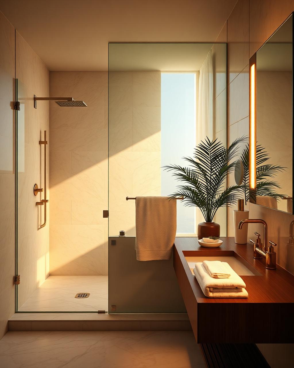 Spacious queen suite bathroom with marble tiles and rainfall shower