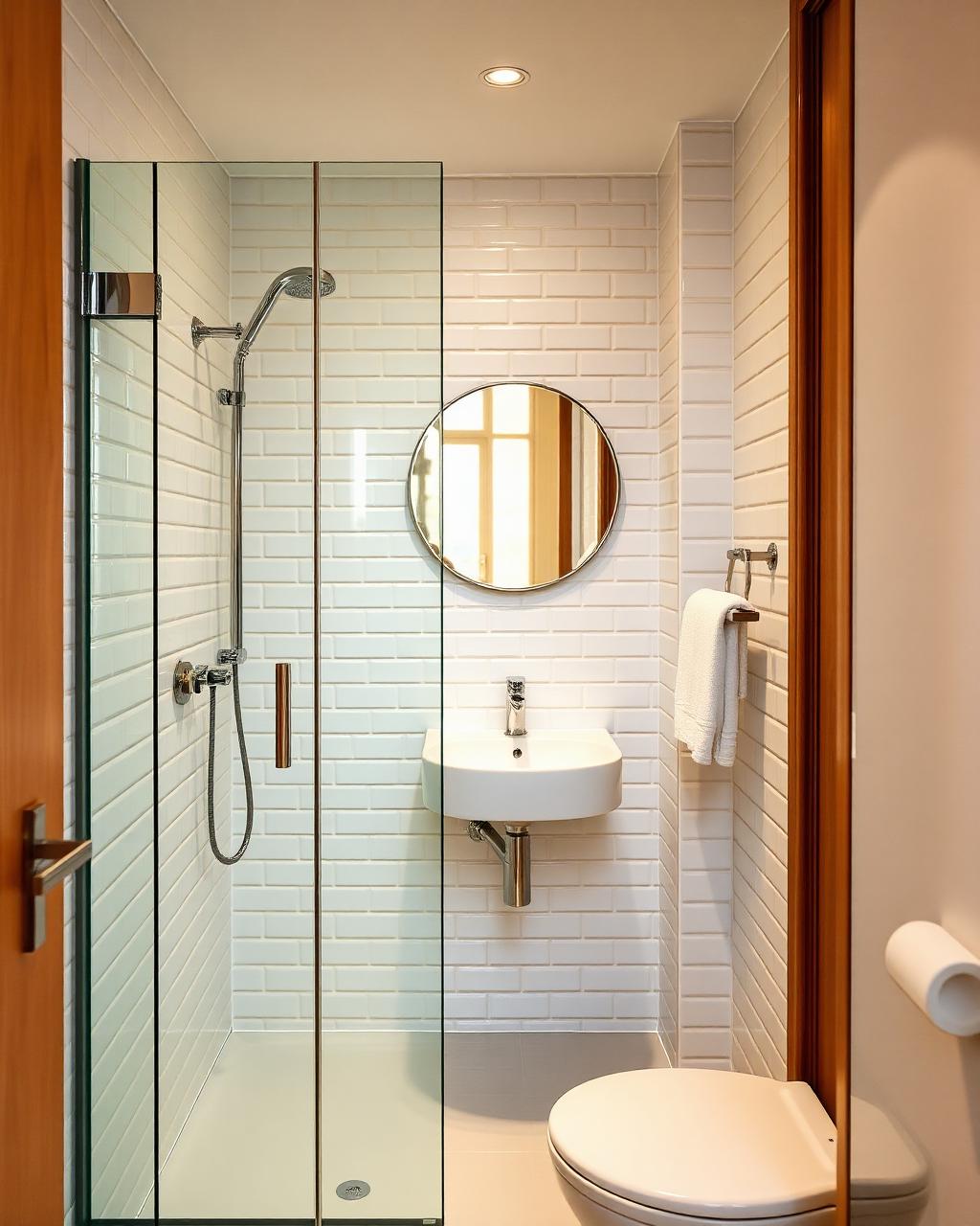 Compact en-suite bathroom with glass shower and round mirror