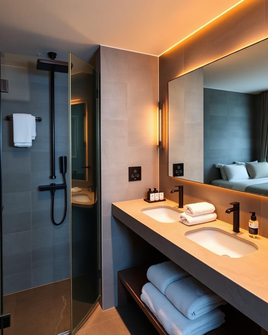 Twin room en-suite bathroom with double basin vanity and rain shower