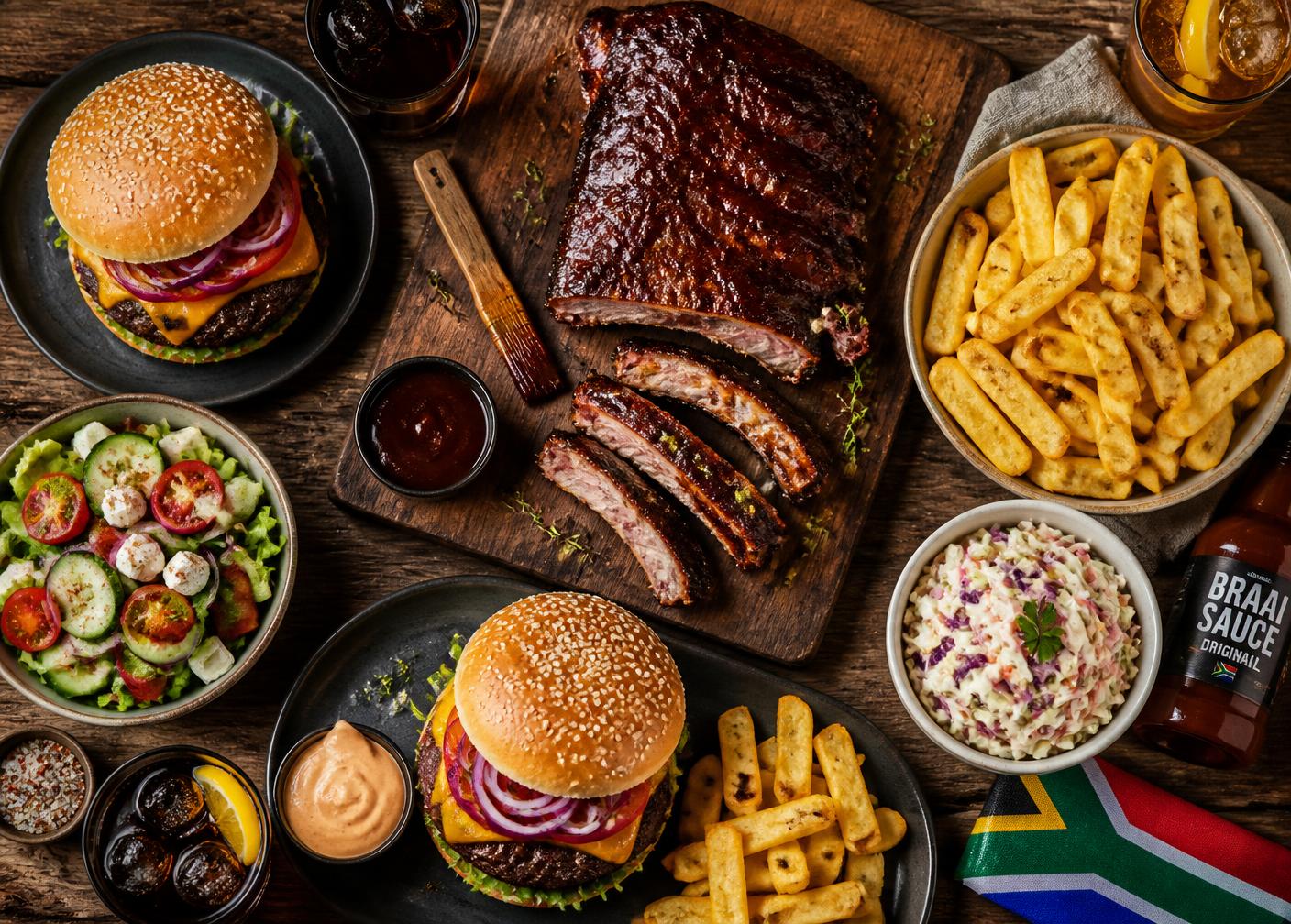 Overhead spread of burgers, barbecue ribs, chips and salads on a wooden table