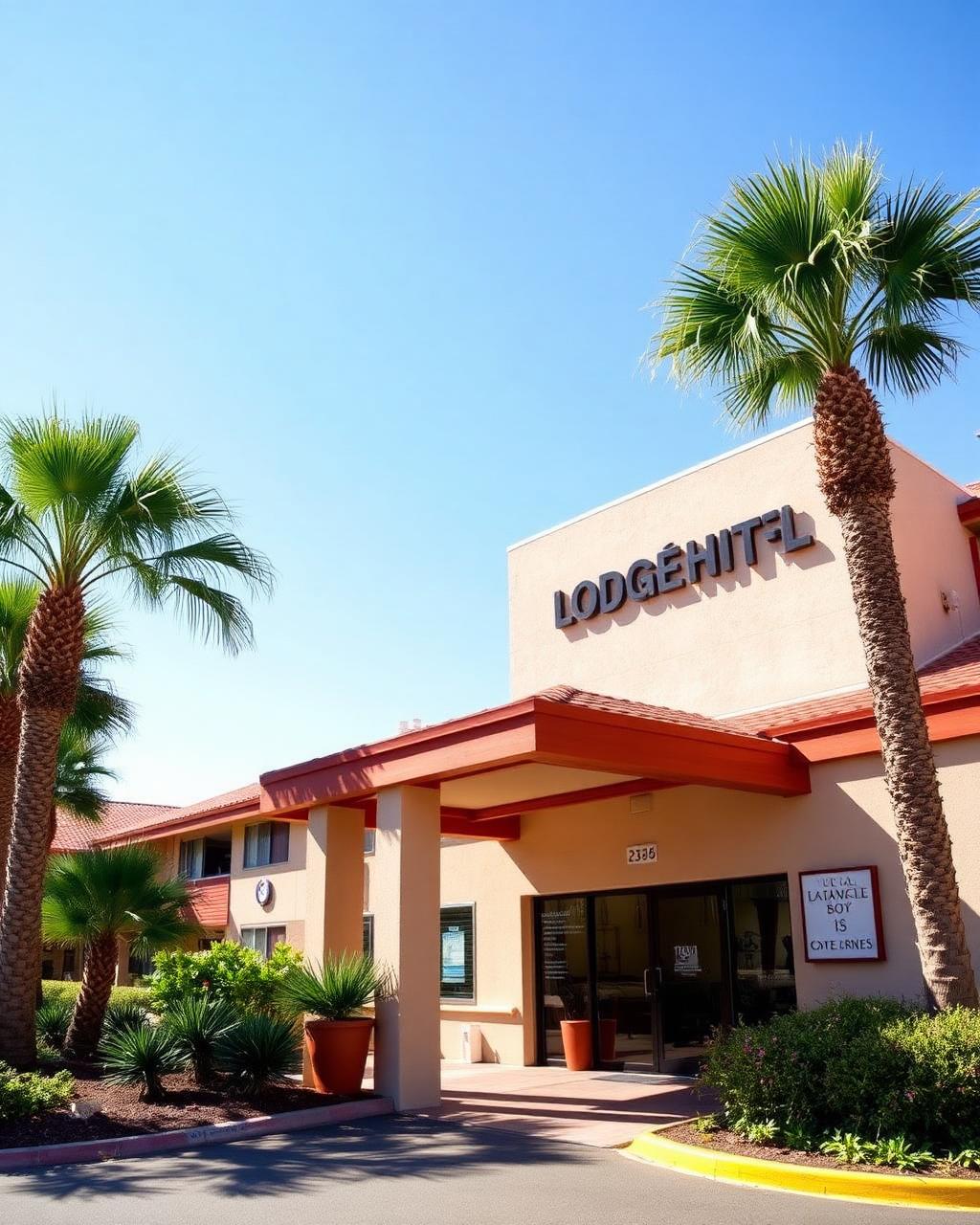 Lodge entrance in daylight with palm trees and landscaping