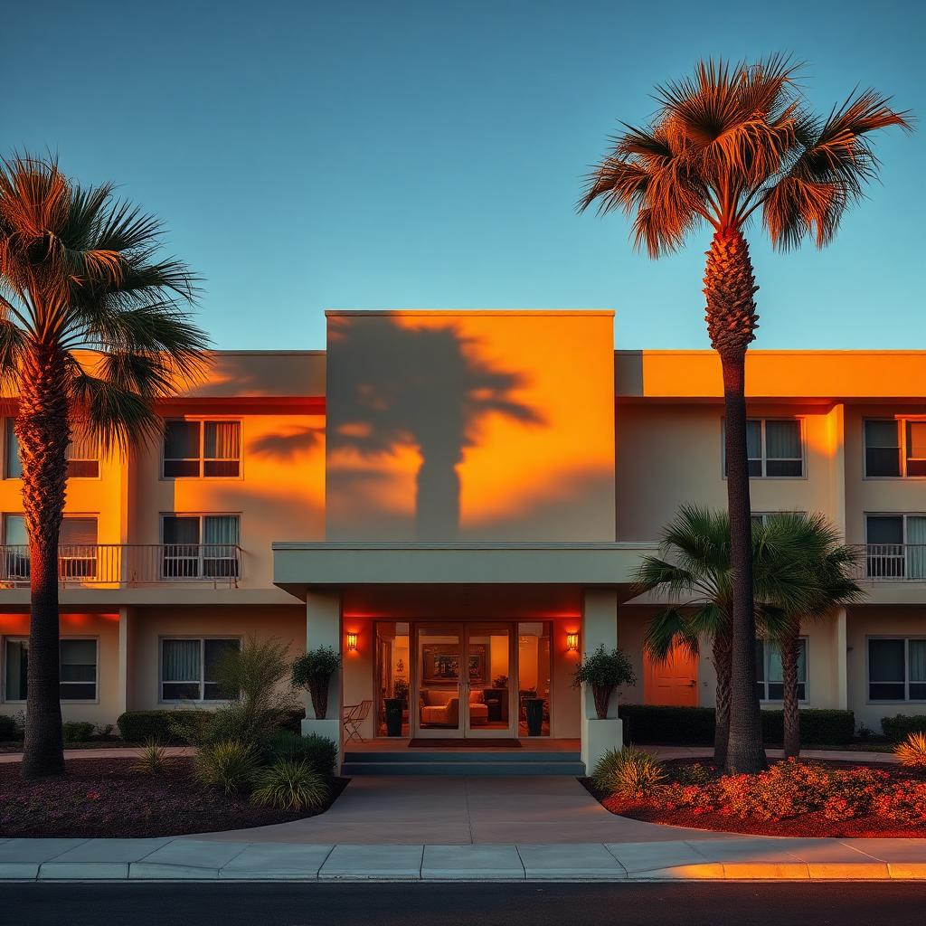 Lesedi's Lodge exterior at golden hour with palm trees and landscaped entrance