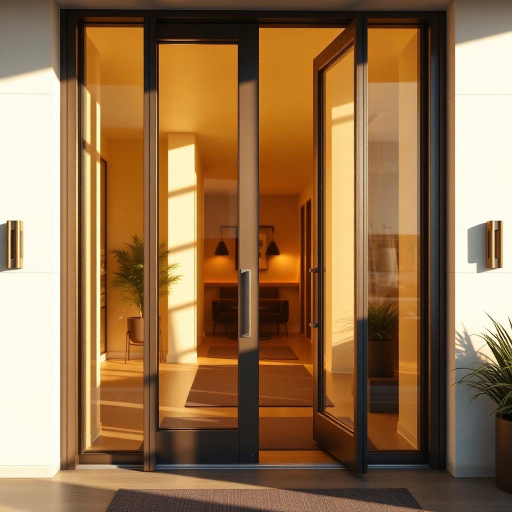 Welcoming lodge entrance doors in warm daylight