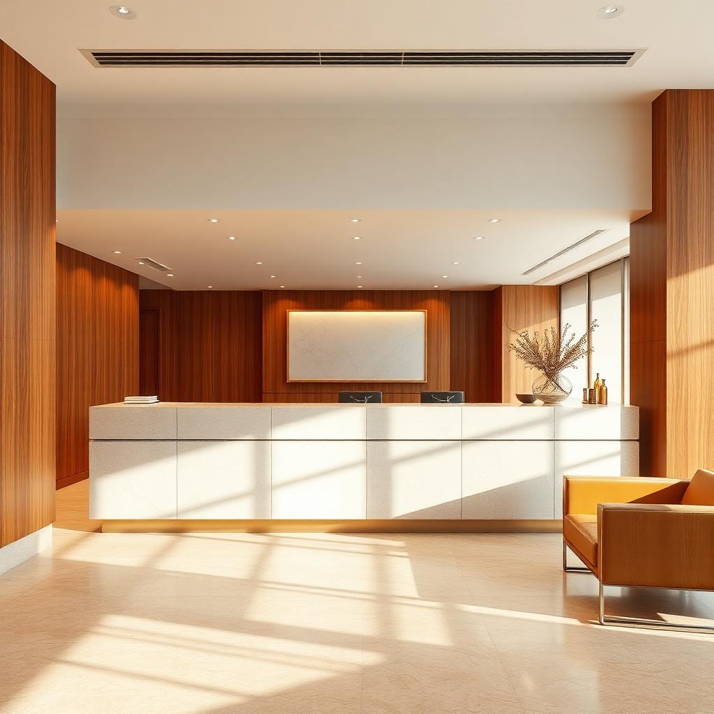 Reception desk area with warm wood tones and modern design