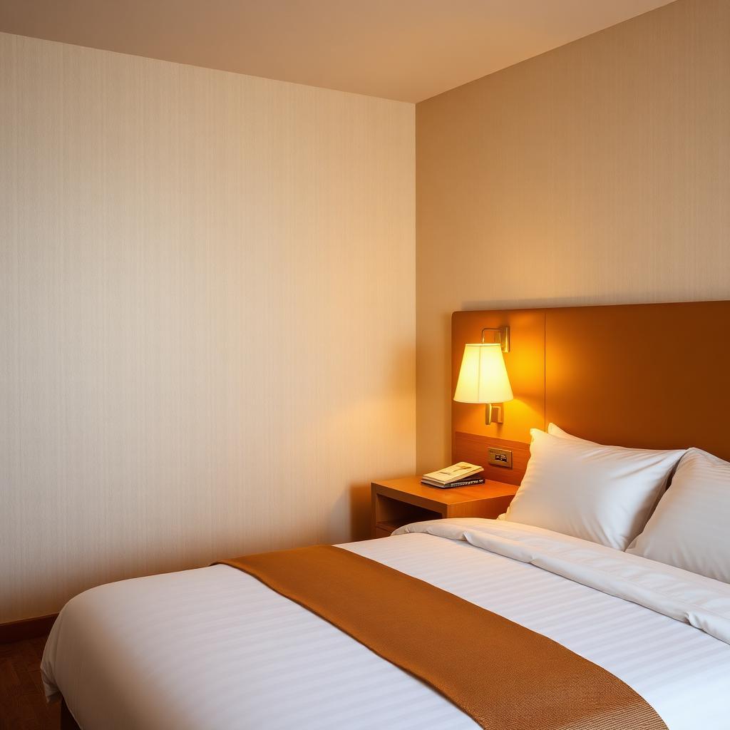 Standard double room with neatly made bed and warm accent wall