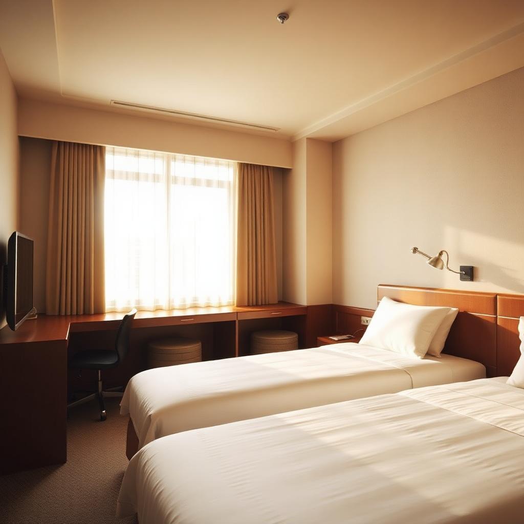 Twin room with two single beds and bright window light