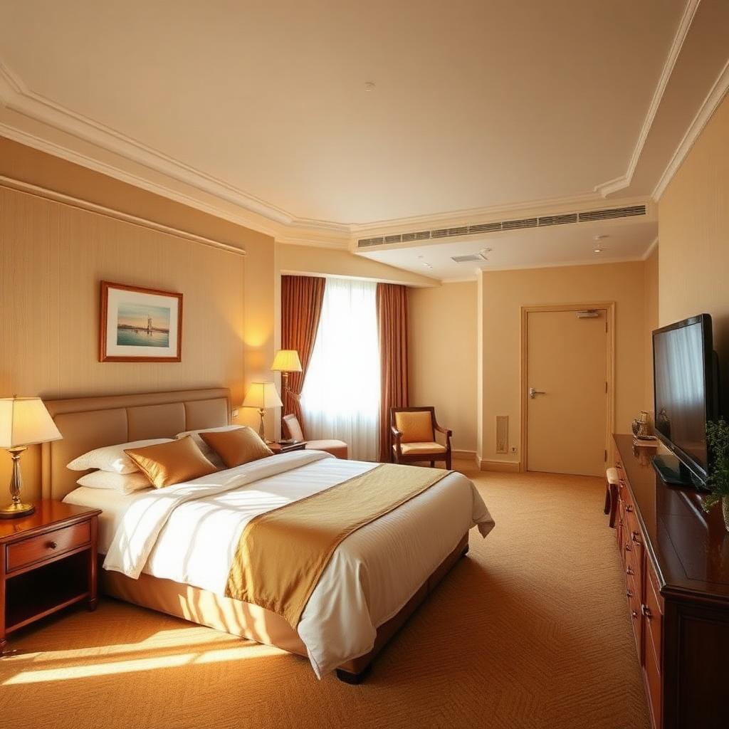Spacious queen bedroom with soft lighting and tasteful decor