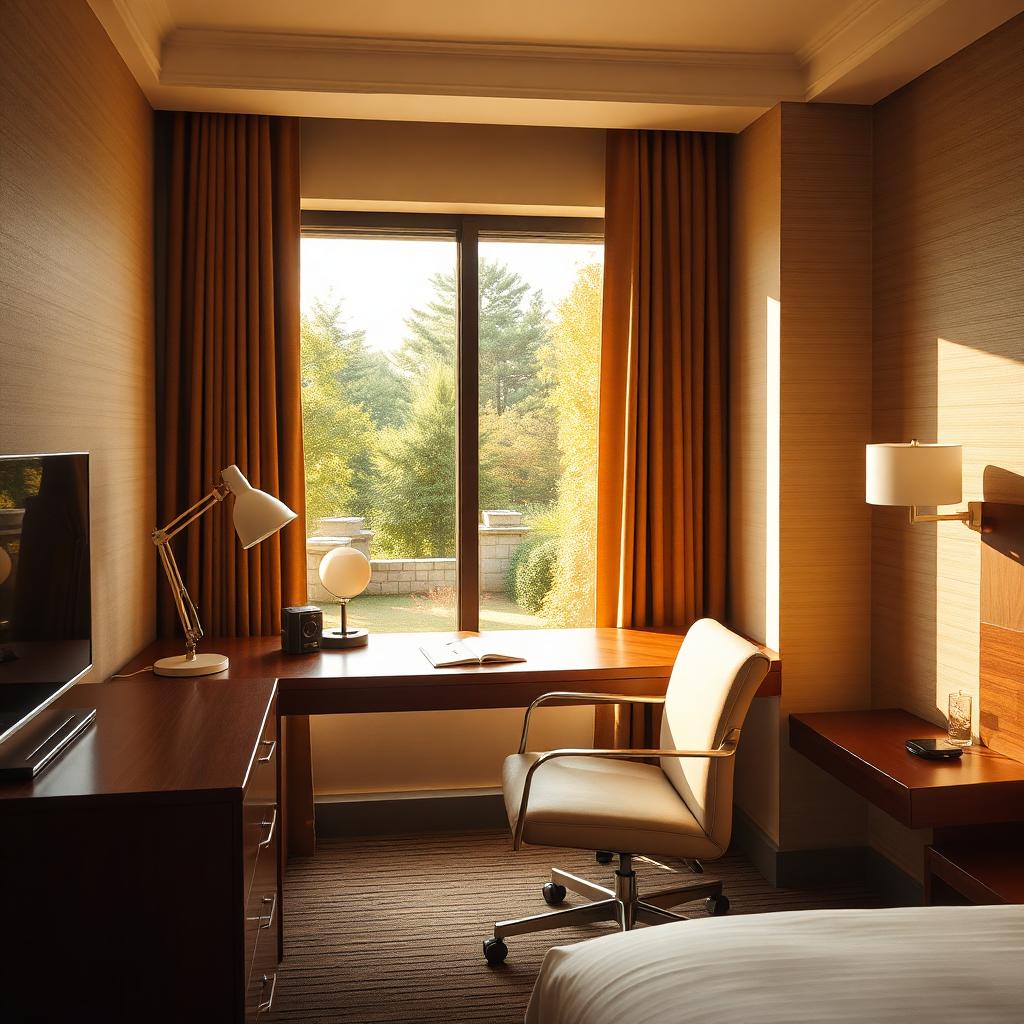 Room work desk with lamp, chair and garden view window