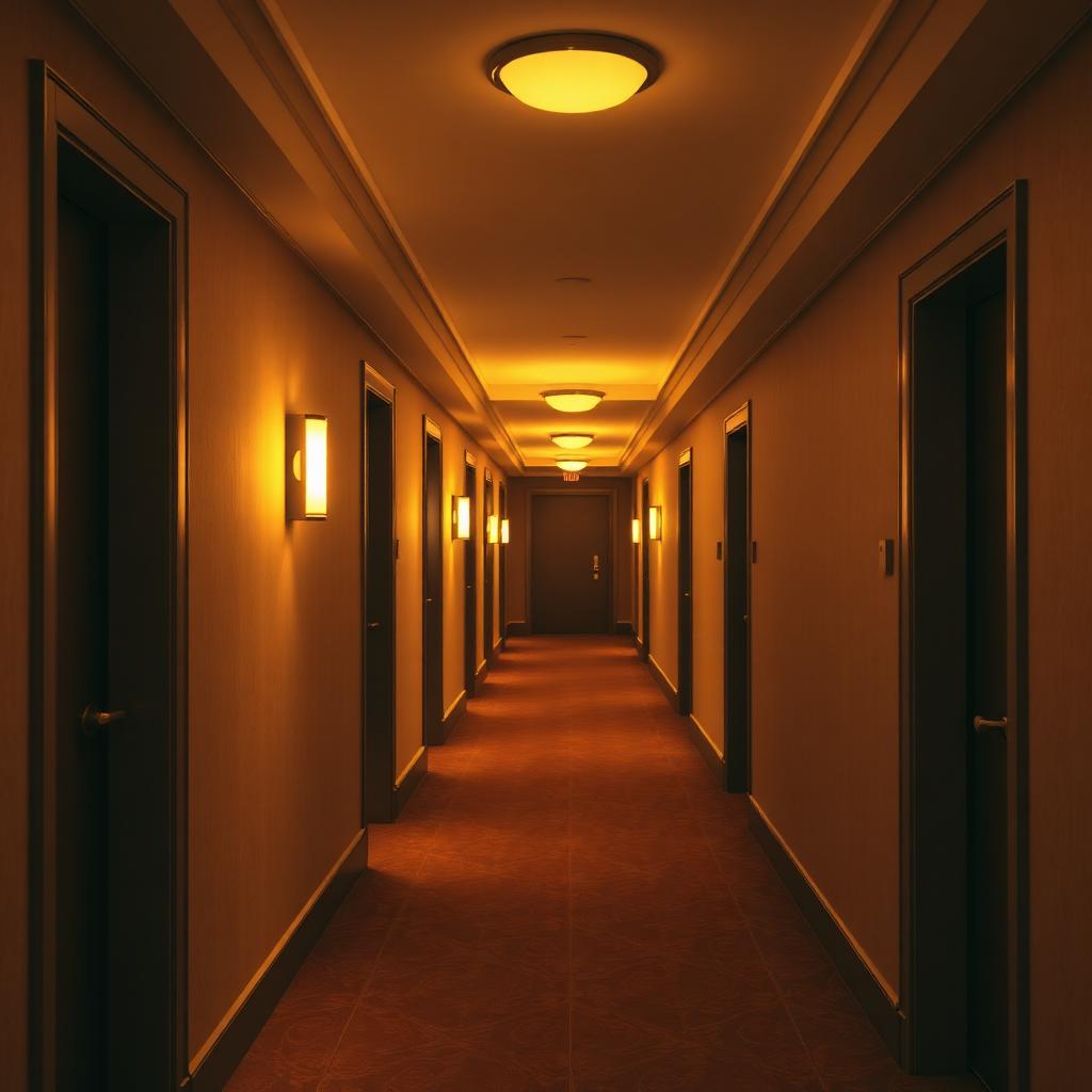 Lodge corridor with warm ambient lighting and guest room doors
