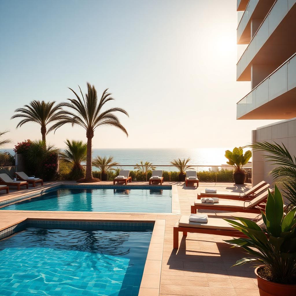 Outdoor swimming pool with sun loungers and greenery