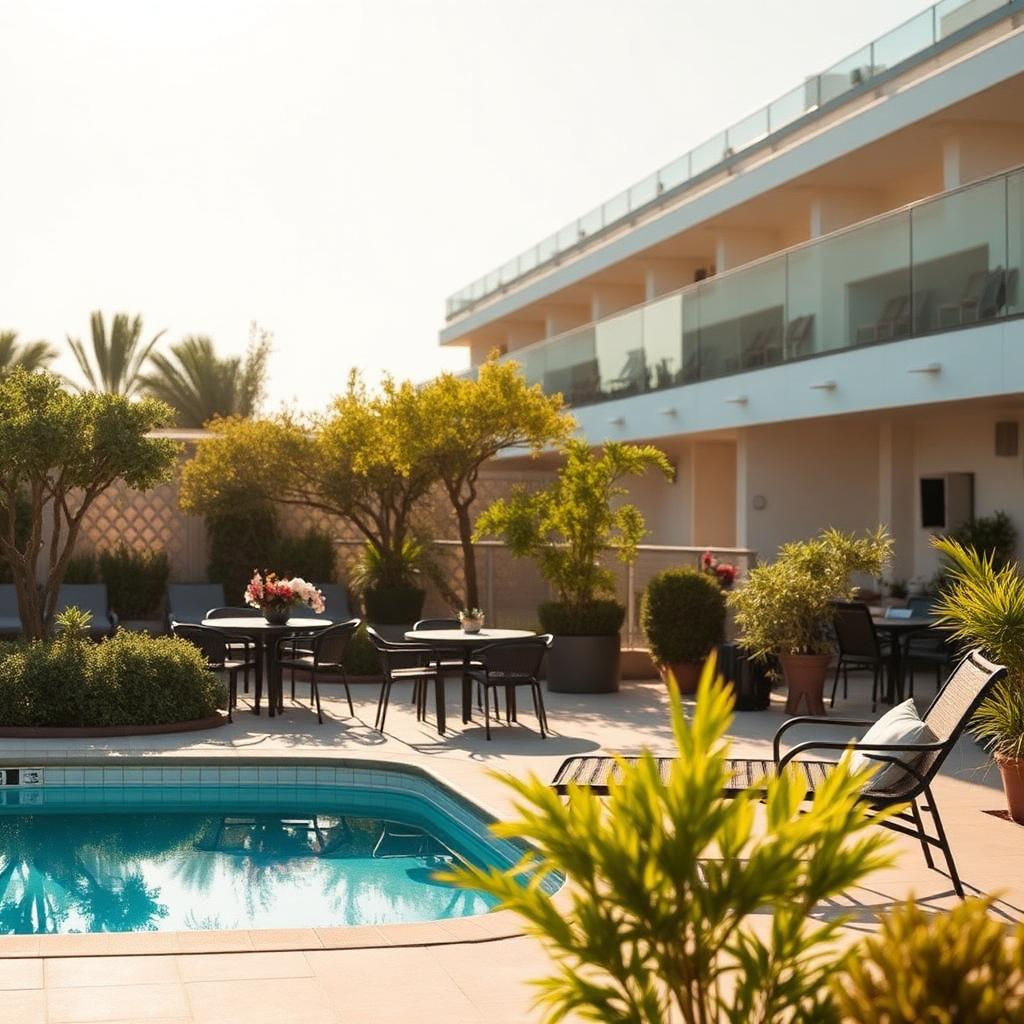 Poolside seating area in a relaxed garden setting