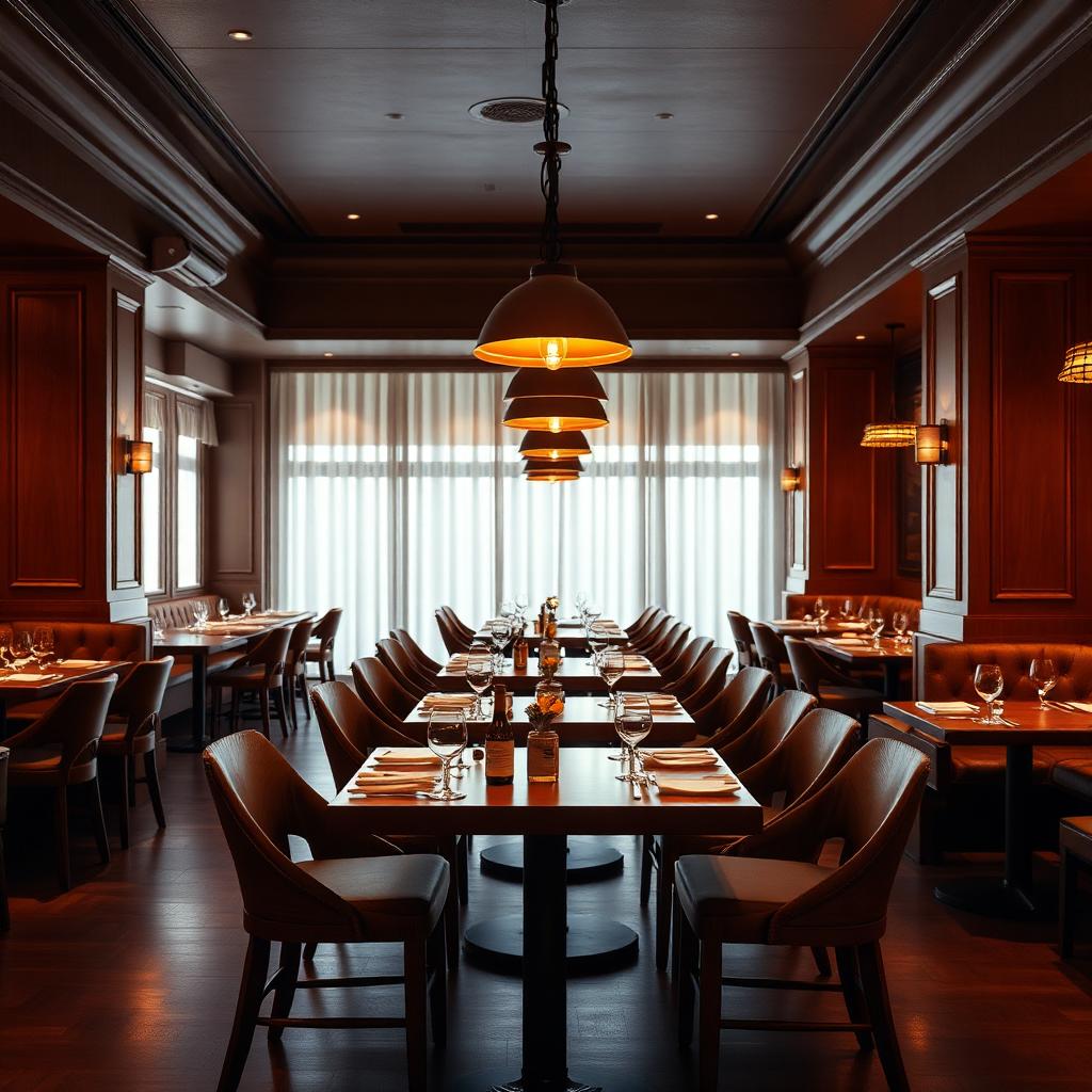 Dining area interior with wooden tables and warm lighting