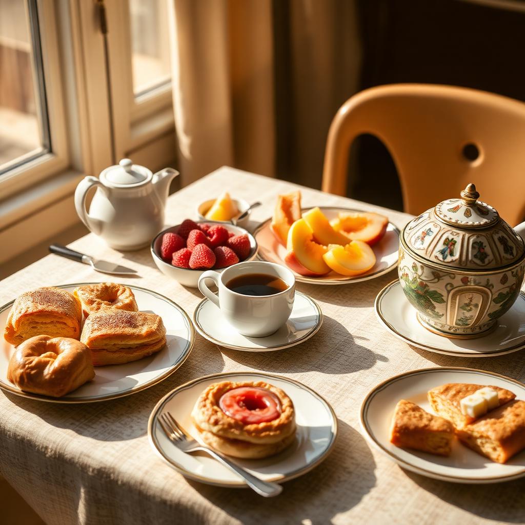 Breakfast spread with coffee, pastries and fresh fruit