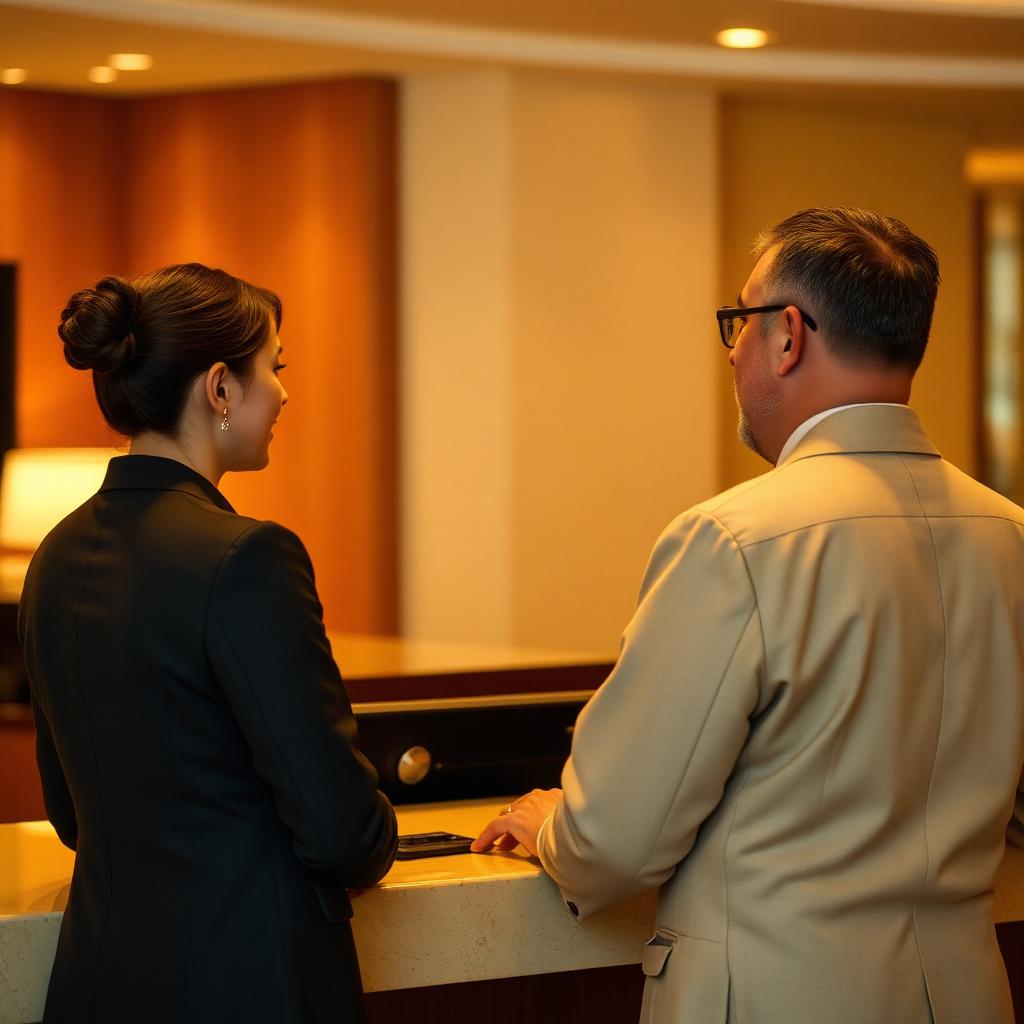 Reception staff member assisting a guest at the front desk