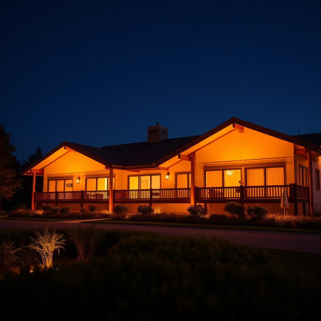 Lodge exterior at night with warm glowing lighting