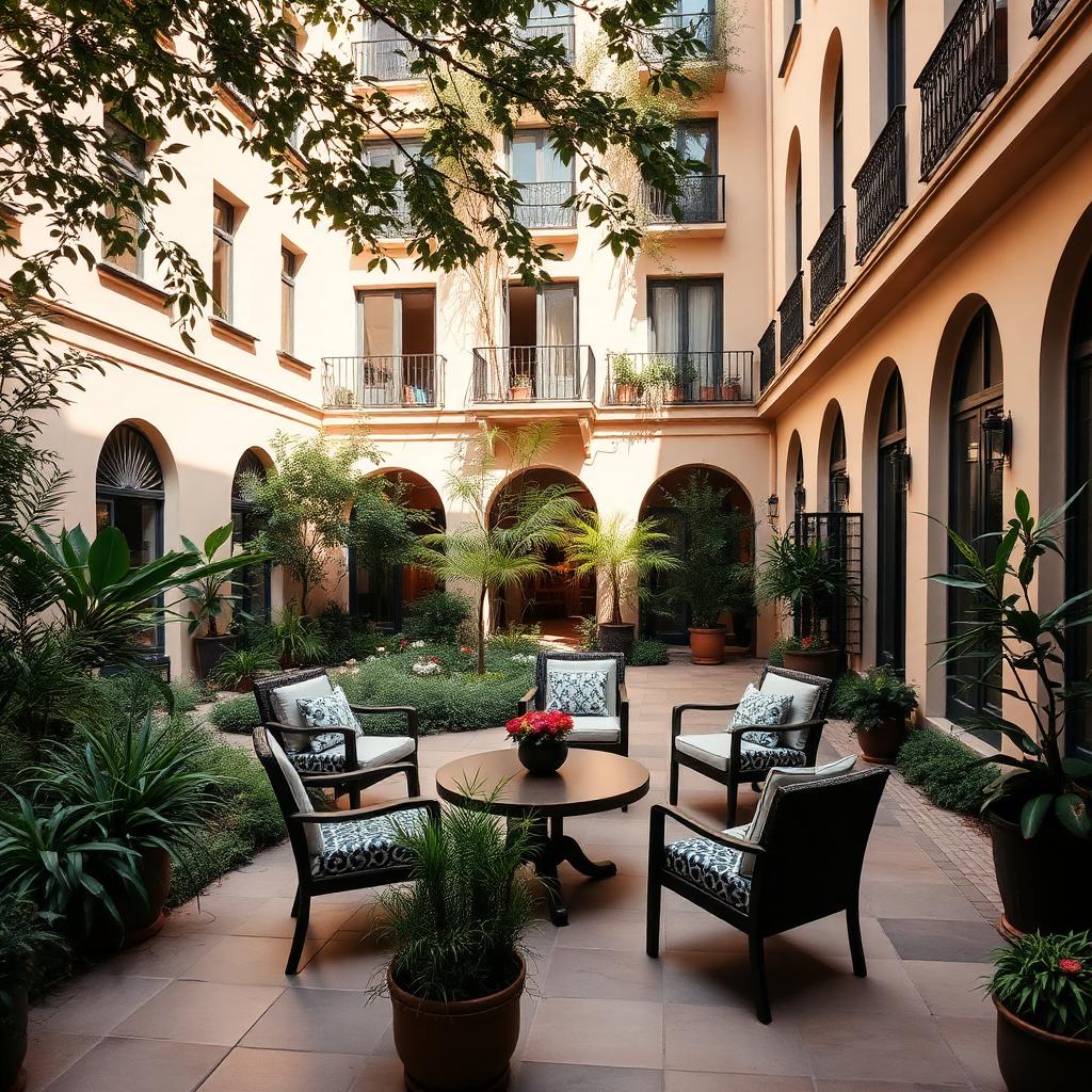 Garden courtyard with seating and lush greenery