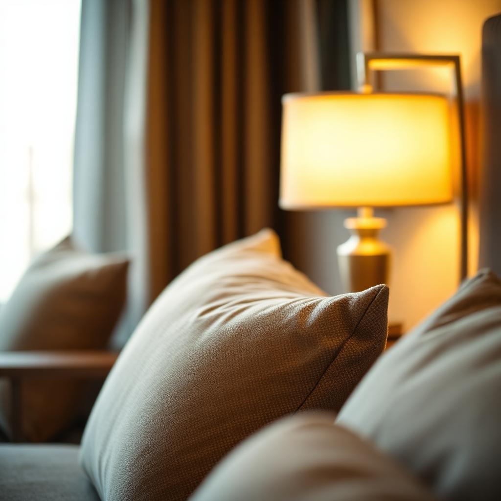 Close-up of guest room decor with cushions and bedside lamp