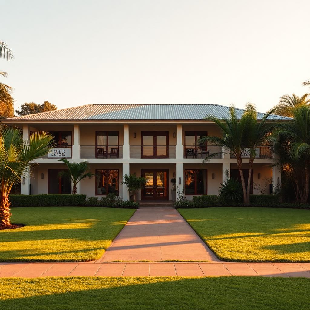 Wide view of the lodge grounds, building and landscaping