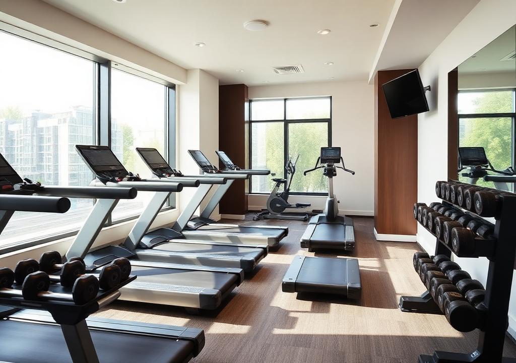 Hotel gym with treadmills and dumbbells