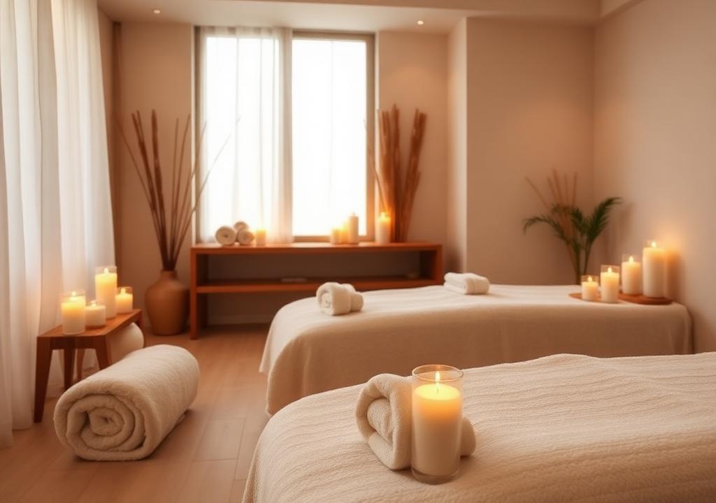 Calm massage room with candles and towels