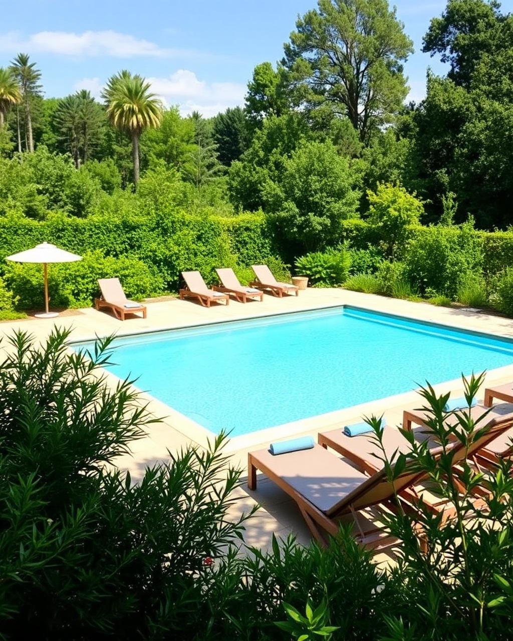 Outdoor swimming pool with sun loungers and garden greenery