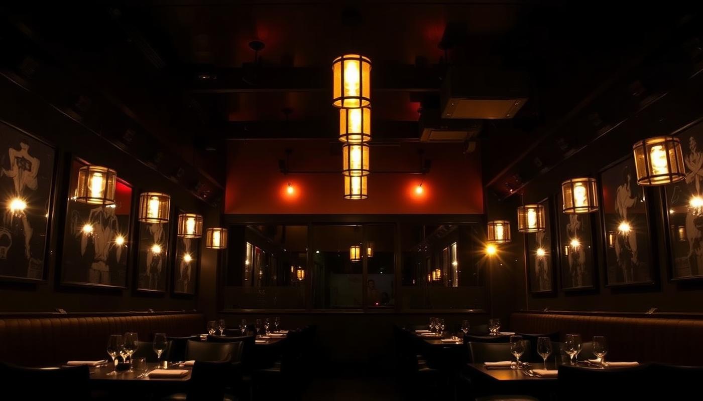 Warmly lit lodge restaurant interior in the evening