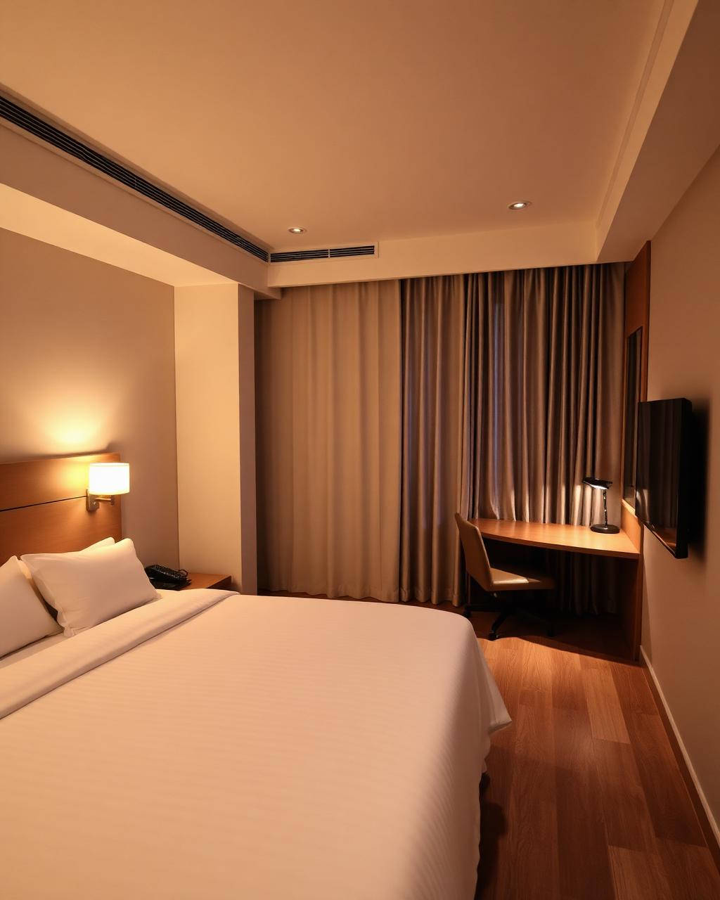 Lodge guest room interior with bed, work desk and TV