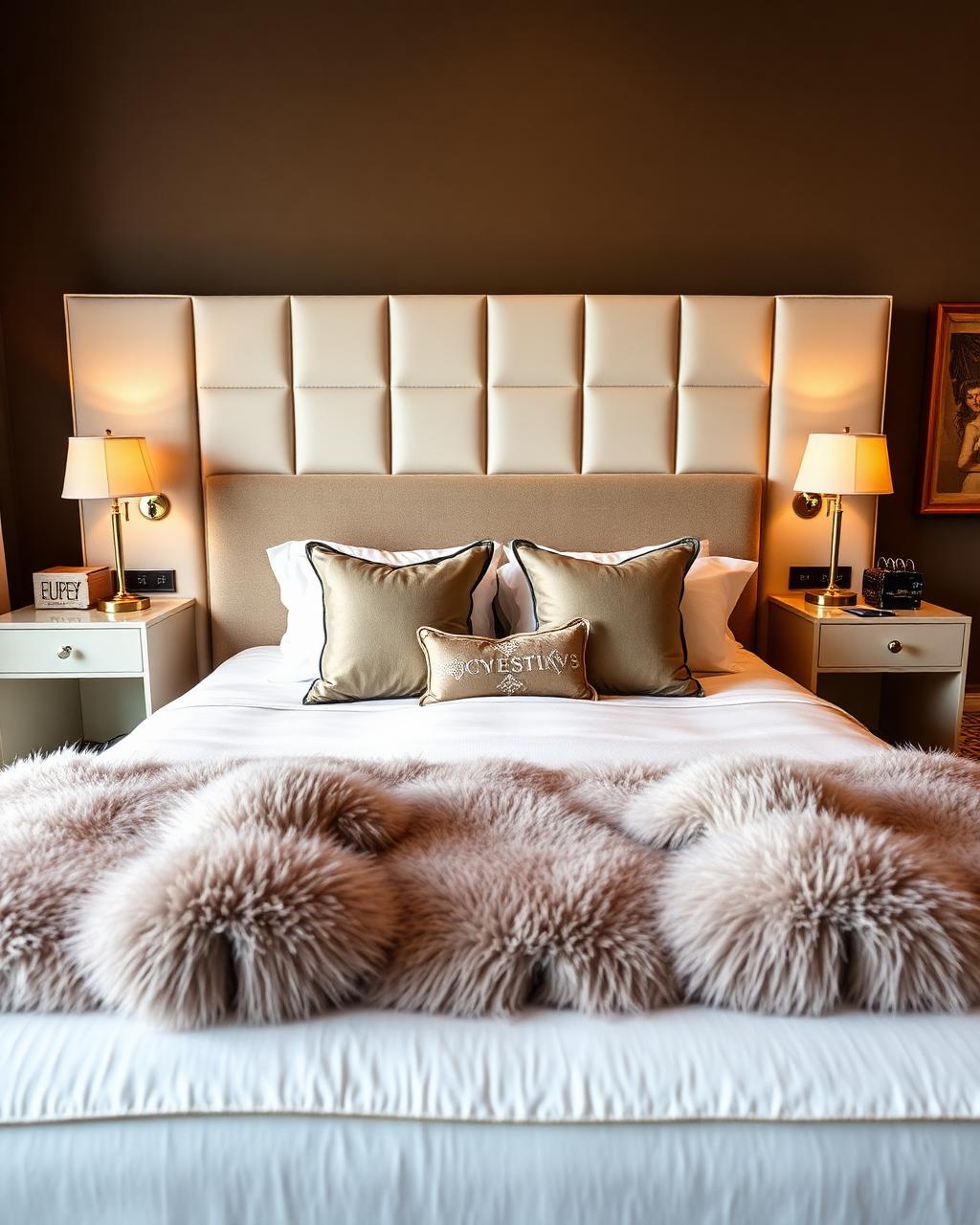 Queen bedroom with plush bedding and warm lamps