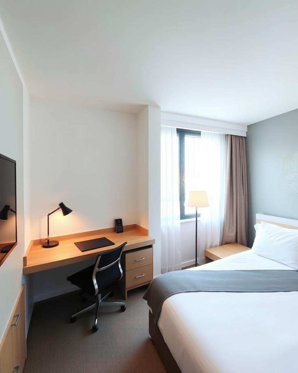Single room with bed, desk and window